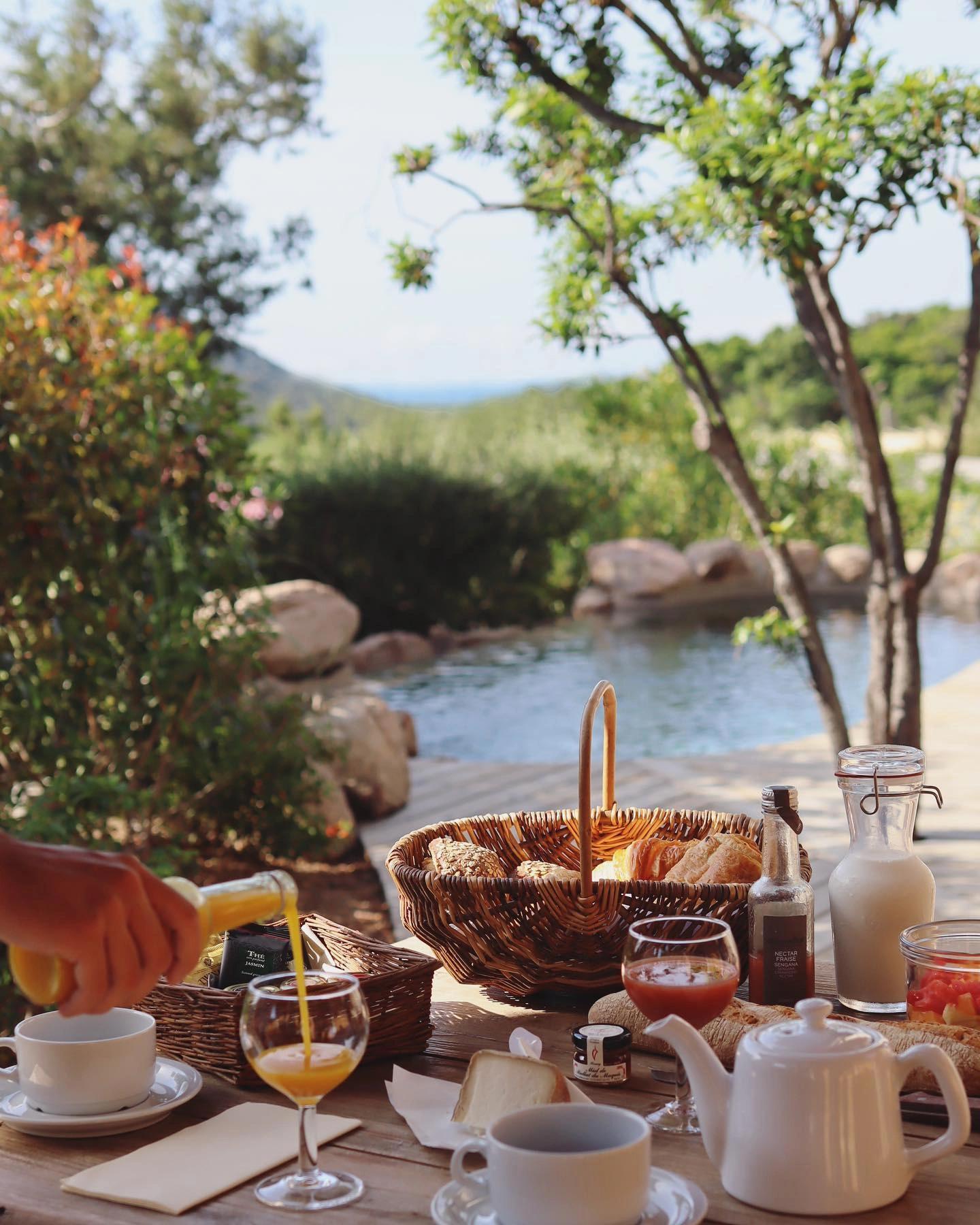 Petit déjeuner au bord d'une piscine aux Oliviers de Palombaggia en Corse-du-Sud.